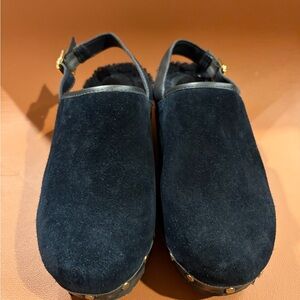 M. Gemi Black Suede Mules with Gold Accents